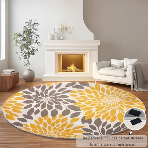 Tapis rond salon 120cm abstrait et lavable jaune - 6