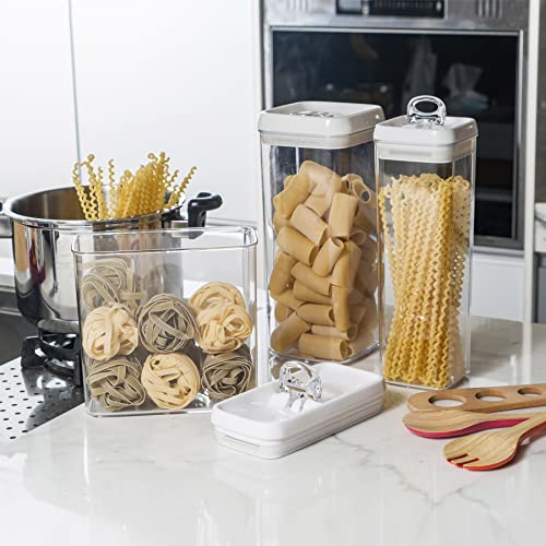 Felli Flip Tite Tall Food Storage Container 3Pc Pasta Set With 4” Square Air Tight Seal Lid Easy Open Lock, Clear Stackable Plastic Canister Jar Organizing Spaghetti Linguine Long Noodle Coffee Bean, Kitchen Pantry Cupboard Organization ( 2.0Qt, White) #TOP7
