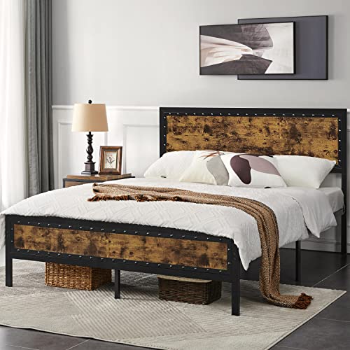 Yaheetech Industrial Metal Platform Bed Frame With Wooden Rivet Headboard Footboard/Strong Metal Slats Support /12 '' Underbed Storage/Noise-Free/No Box Spring Needed, Rustic Brown-Queen #TOP2