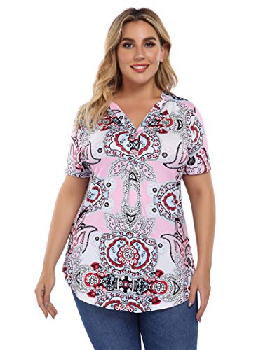 AMZ PLUS Women's Plus Size Loose Blouse Stretch Button Up V Neck Henley Shirts Casual Tunic Tops (Colorful Short Sleeve, XXX-Large)