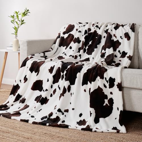 Image of Cozy Bliss Cow Print Throw Blanket Non Shedding MilkyPlush™ Fleece 330GSM Thick Blankets Western Room Decor Super Soft Warm for Adults Kids Girl Gifts Bedroom Couch Sofa Travel Black Brown 50"x60"