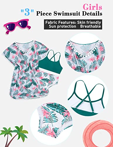 Image of Goodstoworld 7-12Y Girls 3 Piece Cover Up Swimsuit Hawaiian Bikini Bathing Suit with Pompom Tassel