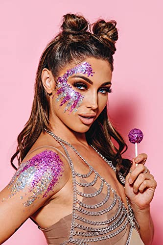 Purplish Red Holographic Chunky Glitter Cosmetic Body Hair Face Eye Nail for Festival Carnival Concert Party Beauty Rave Accessories Different Sizes&Shapes 2 Pots 14g/0.5oz+ Quick Dry Primer Glue Gel