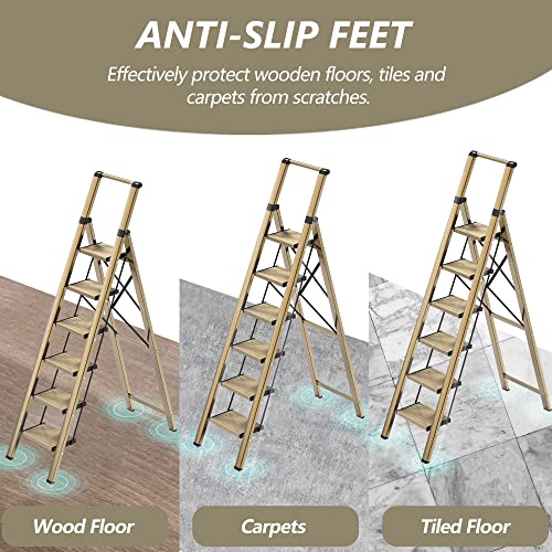 Soladder 6 Step Ladder, Folding Step Stool With Handgrip And Anti-Slip Wide Pedal, Portable Lightweight Aluminum Stepladder For Kitchen, Home, Library, Office (330 Lbs Capacity) - Gold #TOP3