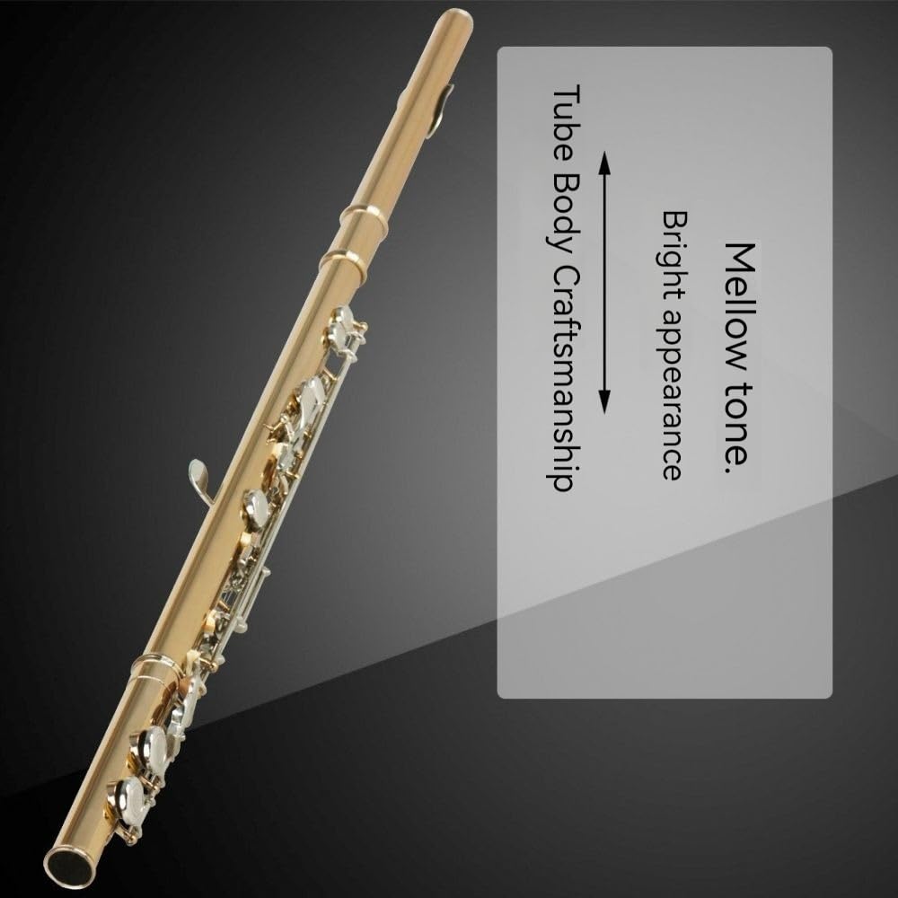 Flauta de 16 teclas con llaves plateadas en oro, flauta con boquilla cuadrada, cuerpo de tubo de cobre blanco, tecnología de oro pintado, tono redondo y sensación cómoda, adecuada for principiantes y