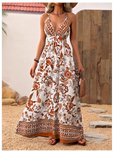 Image of MakeMeChic Women's Boho Maxi Dress Summer Luau Outfits Beach Wedding Guest Backless Sundress Flowy Resort Wear