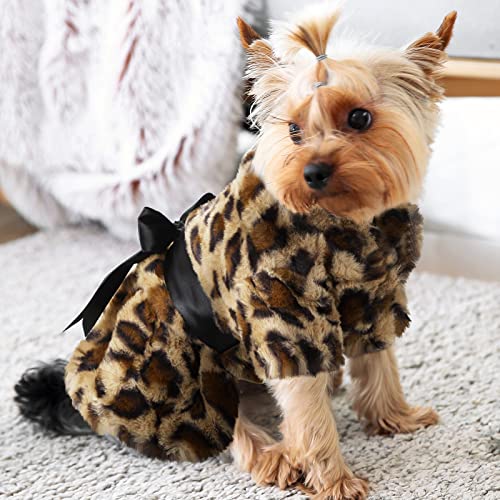 2 Pieces Leopard Print Faux Fur Dog Coat Fluffy Warm Sweater Medium Girl Dog Clothes Puppy Clothes For Small Dogs Girl Soft Faux Fur Pet Jacket For Chihuahua Winter Autumn Cold Weather Cat #TOP4