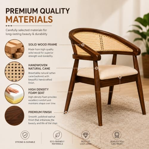 Image of Little eXtra Wooden Cane Dining Chair | Solid Wood Accent Chair with Handwoven Rattan Backrest | Modern Armchair for Living Room, Study & Cafe| 55 x 55 x 81 cm