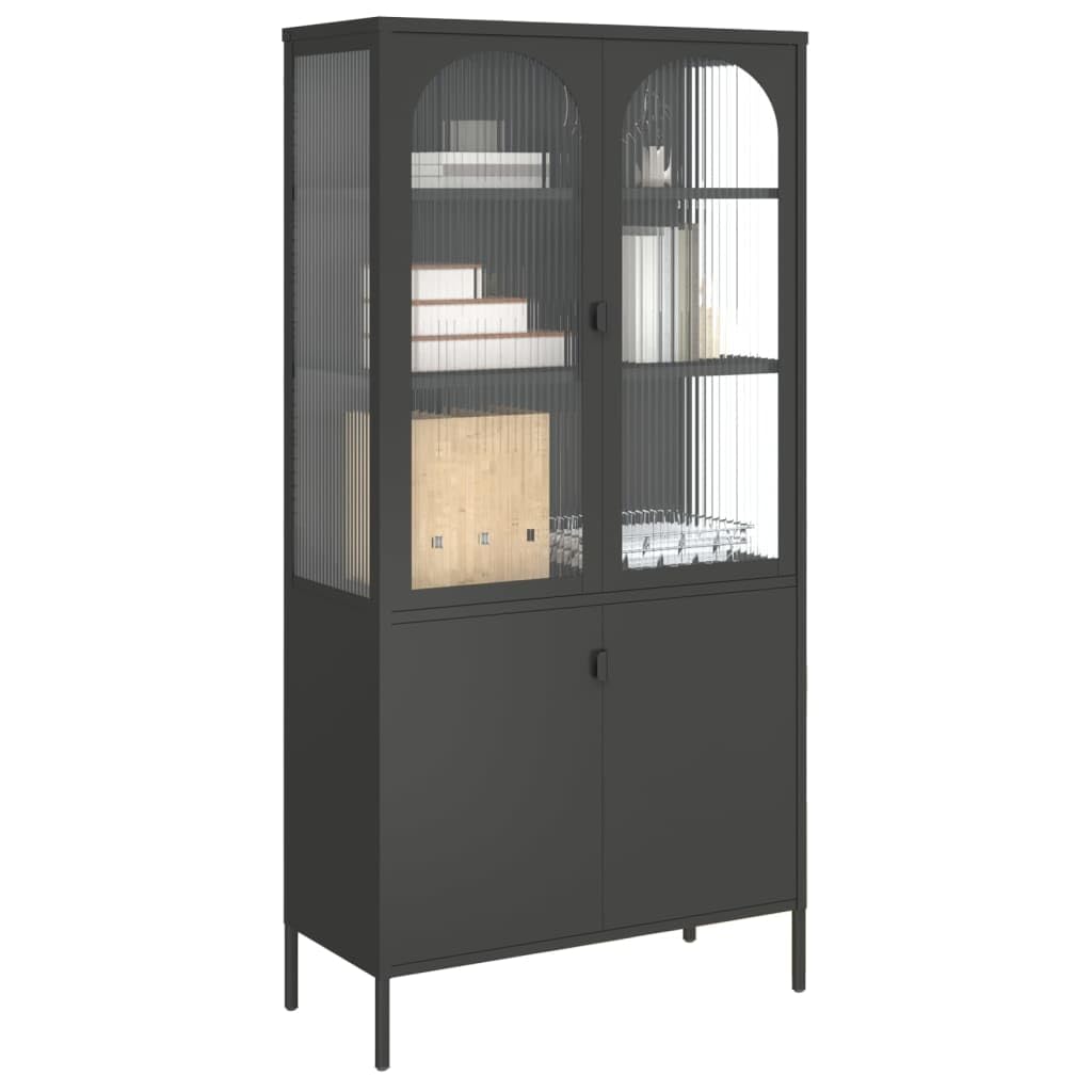 Générique Bufet Top Czarny 90x40x180 cm Szkło karbowane Stal | 3 regulowane półki, poziomice do nierównych podłóg, blat wystawowy, mocowanie ścienne w zestawie