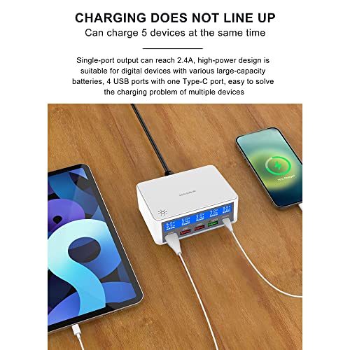 ERYUE Carregador USB múltiplo 65W Estações de carregamento USB de 5 portas com visor LCD PD 20W + QC