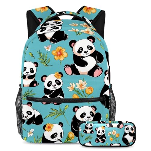 Sac à dos élégant panda bleu multicolore 2 pièces avec trousse de jour