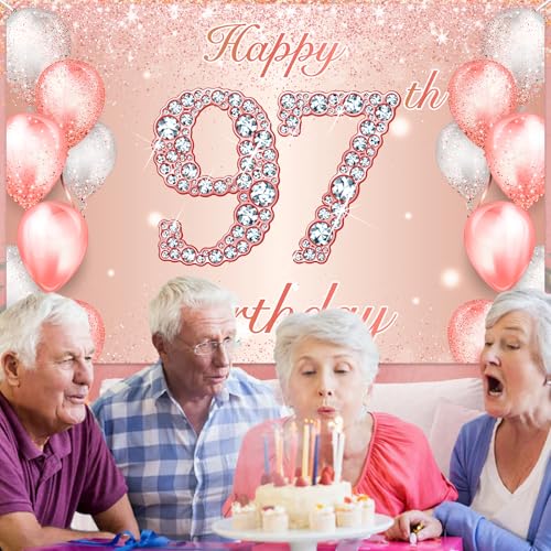 Image of Happy 97th Birthday Rose Gold Banner Cheers to 97 Years Old Backdrop Confetti Balloons Theme Decor for Women 97 Years Old Pink Birthday Party Decorations Bday Supplies Background Favors Gift Glitter