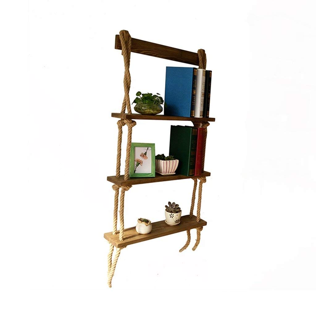 Étagère murale design bois corde suspendue : bibliothèque 3 niveaux