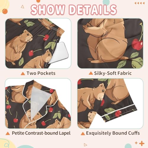 Capybaras Cherry Leaf Pajamas Set Summer Button Down Sleepwear Pjs Sets Comfy Loungewear3