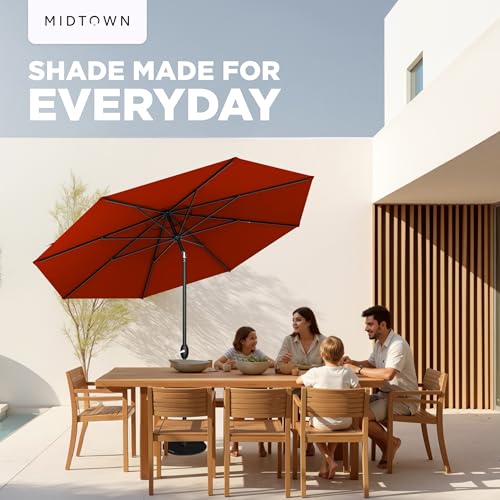 Image of Midtown Umbrellas - 10-Year-No-Fade 8 Ft Patio Umbrella with Terylast Fabric, Auto-Tilt Aluminum Frame and 8 Reinforced Ribs for Deck, Pool, Garden & Beach - Apple Red Canopy, Black Pole