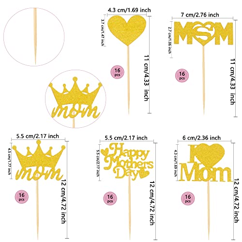 Sgbetter 96 Pieces Happy Mother's Day Cake Toppers Gold Glittery Cupcake Topper For Best Mom Theme Party Cake Dessert Food Decorations #TOP1