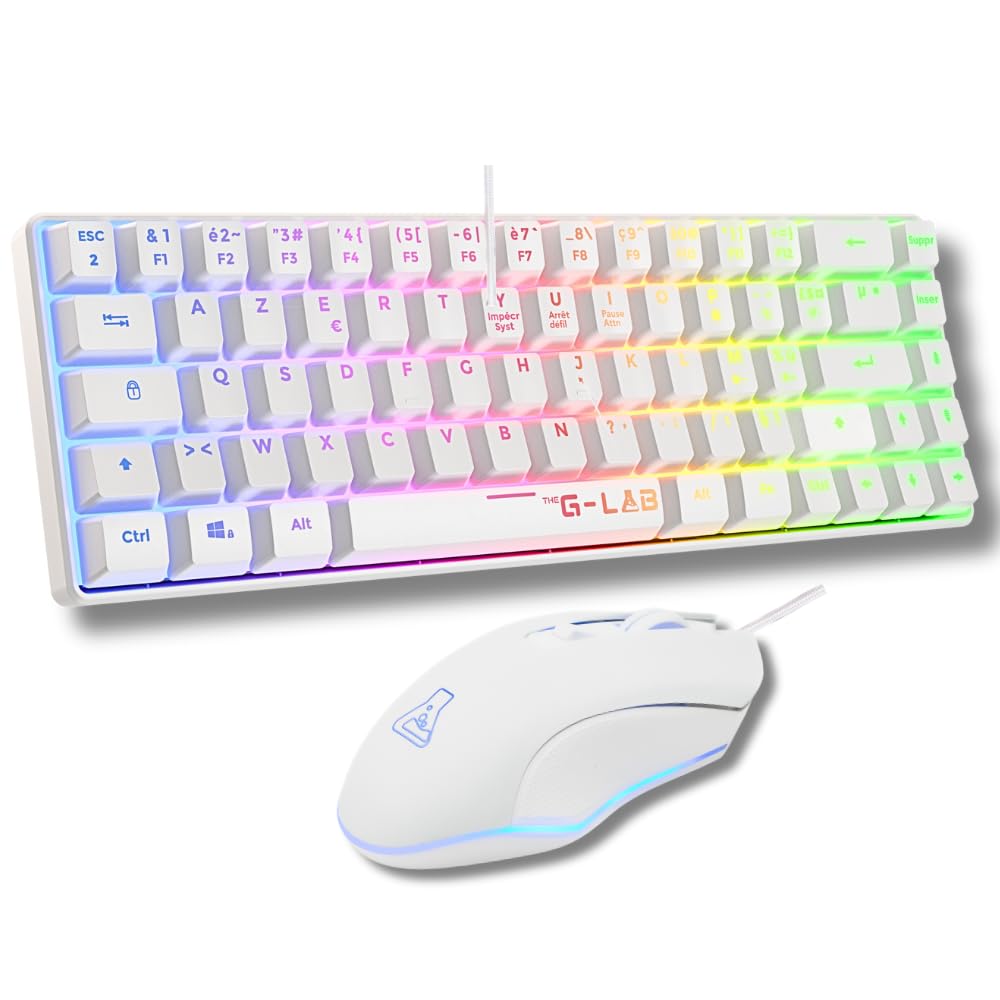 The G-​Lab - Combo Hydrogen - Pack Clavier Souris Gamer, Clavier Gamer 60% Filaire, Rétroéclairage RGB, azerty, Format Compact + Souris Gaming RGB, 6 Boutons, 7200 DPI - PC/​PS4/​PS5 – Blanc