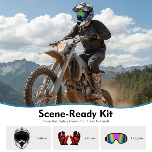 Image of Youth Kids Offroad Gear Combo Helmet Gloves Goggles DOT Motocross Off-Road Racing ATV Dirt Bike Protector (#2, L)