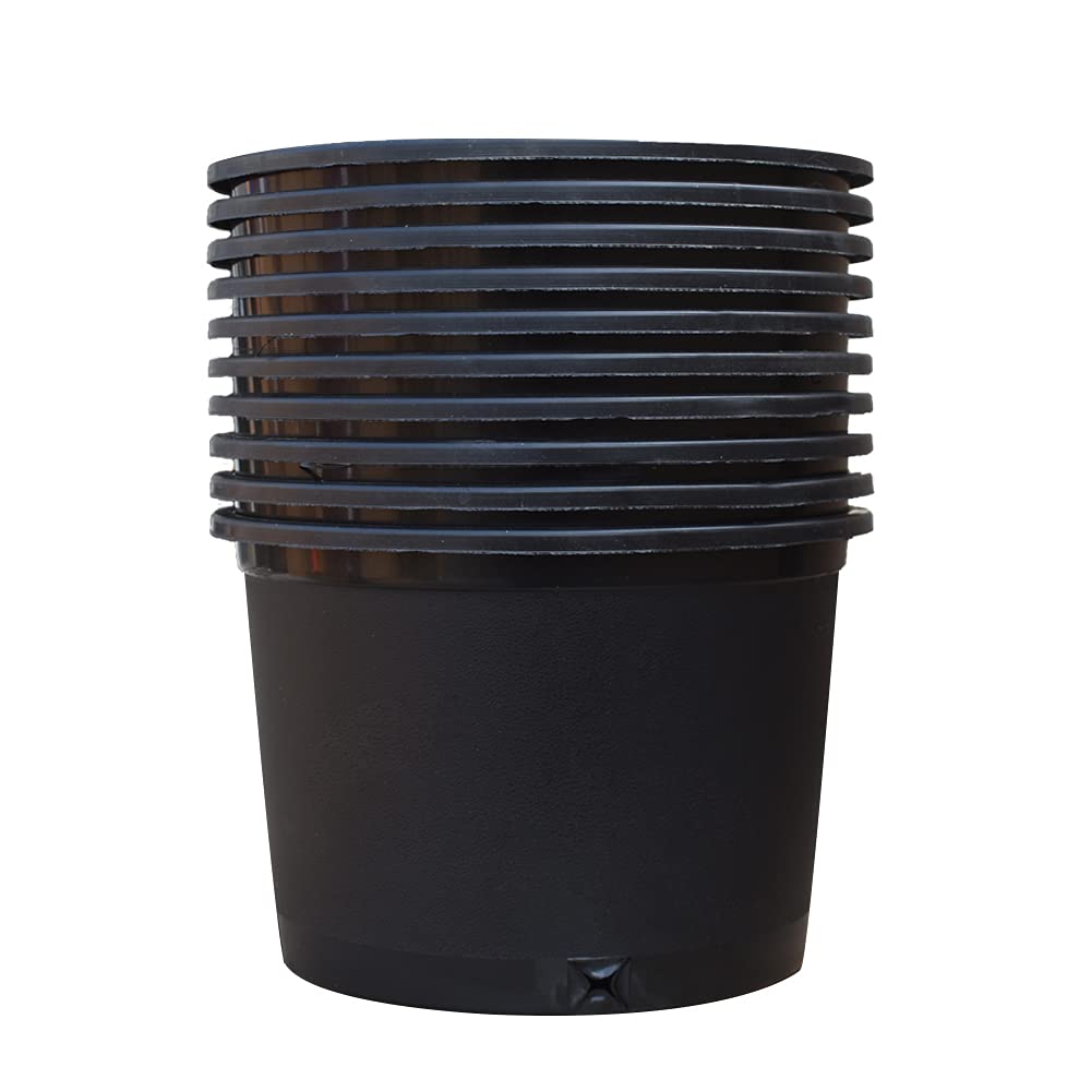 findmall Short 5 Gallon Premium Nursery Plastic Planter Flower Herb Vegetable Garden Grow Pots with Drainage Holes for Outdoor and Indoor Use, Black, 10 Pack