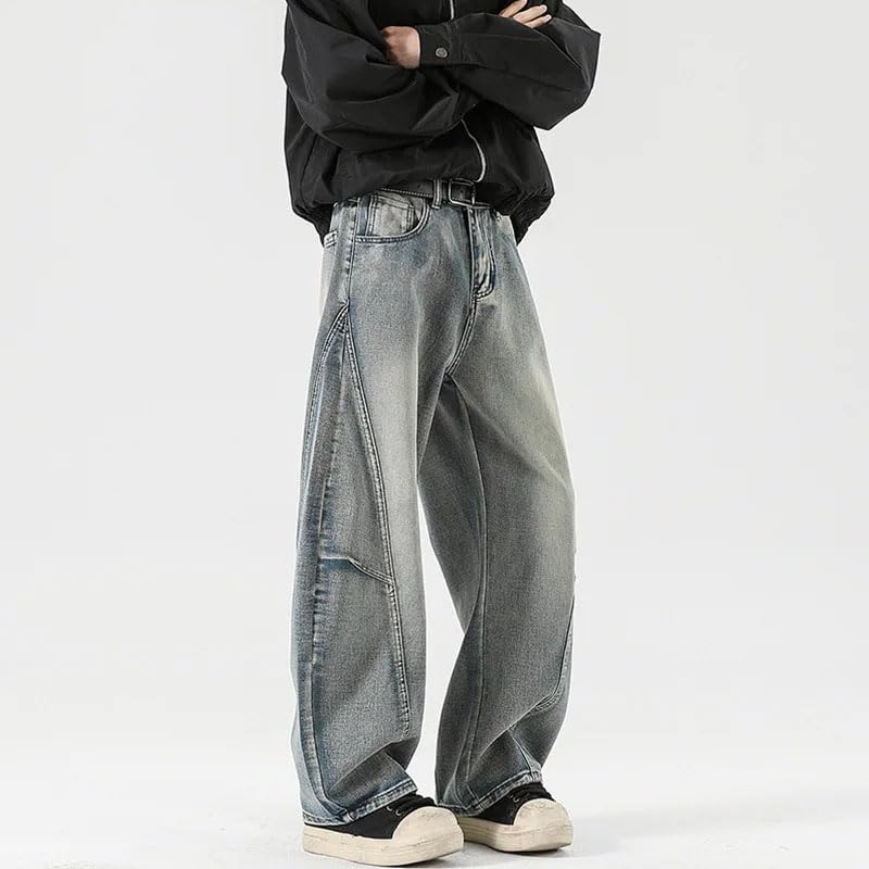 Casual Loose Fit Men's Denim Pants Male Wide Leg Washed Patchwork Jeans Trousers2