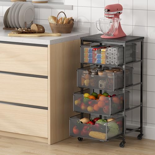 4-Tier Fruit Vegetable Storage Cart - Kitchen Organizer and Storage Cart with Wheels, Wooden Top Metal Wire Fruit Vegetable Rack Stand with Drawers to Storage Cans Snacks for Kitchen(Patent Pending)
