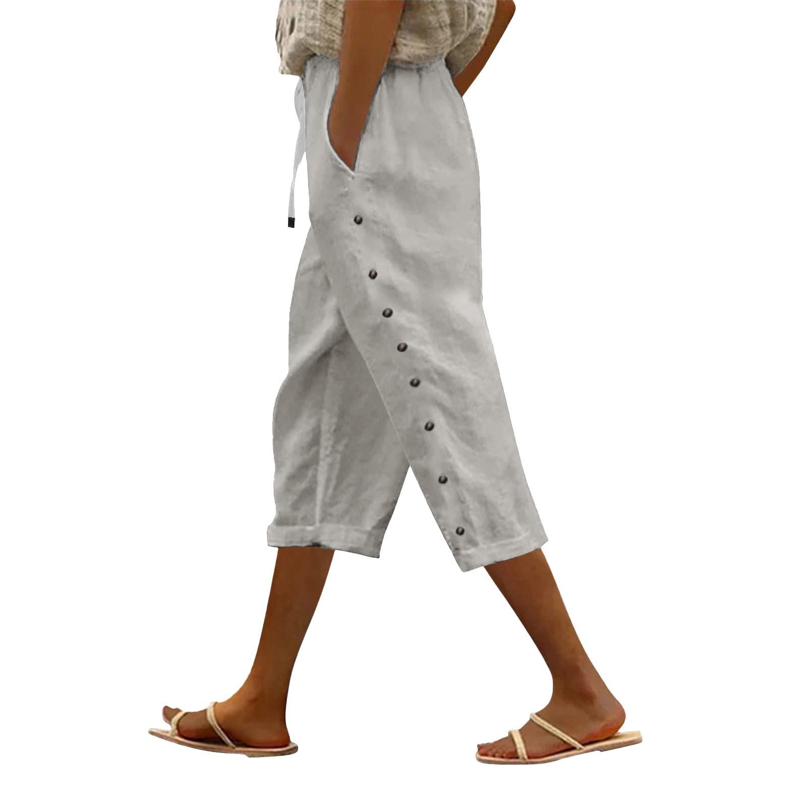 Capri Linen Pants Women Casual Summer Drawstring Elastic High Waist Linen Pant Straight Wide Leg Cropped