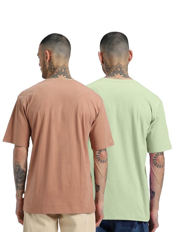 Image of Veirdo Solid Oversized 100% Pure Cotton Combo T-Shirt for Men & Boys (Half Sleeves, Round Neck, Drop Shoulder, Baggy Fit, Pack of 2, Available in S to 2XL