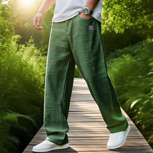 Mokolaha Men's Casual Hemp Pants, Drawstring Elastic Waist with Pockets, Relaxed Fit Embroidered Logo Trousers for Men3