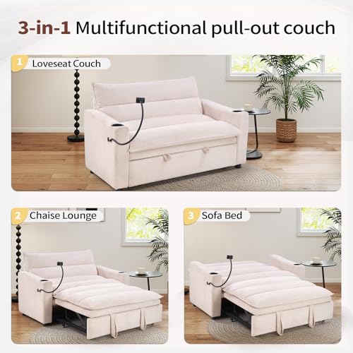 Image of HAOMARKETS 3-in-1 Convertible Loveseat Sleeper Sofa Bed, 2-Seat Pull Out Couch with Cup Holders, Phone Holder and USB Ports, Corduroy 3-Level Adjustable Backrest Couches for Living Room, Beige