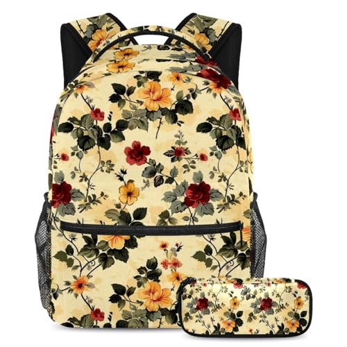 Sac à dos rétro floral avec trousse pour soulager le dos des élèves