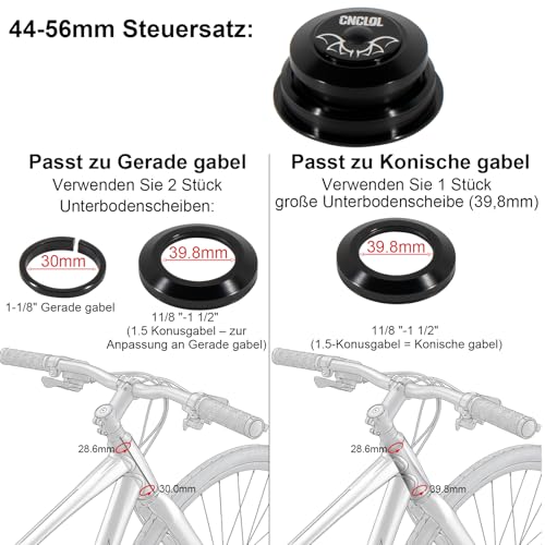 CNCLOL Fahrrad Steuersatz 34mm 44mm 41.8-52mm,44-55mm,44-56mm,Gabel Lager 1 1/8 Steuersatz Lenkkopflager, Semi integriert 1 1/8 Kugellager für MTB/Rennrad/BMX. (44-56mm-Gerader Gabel/Kegelfork)