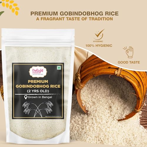 Image of Delight Foods Premium Bengali Gobindobhog Rice 700g | 2 Years Old Aged | Unpolished Aromatic Short Grain Chawal | Grown in Bengal | Ideal for Payesh /Kheer, Biryani & Pulao