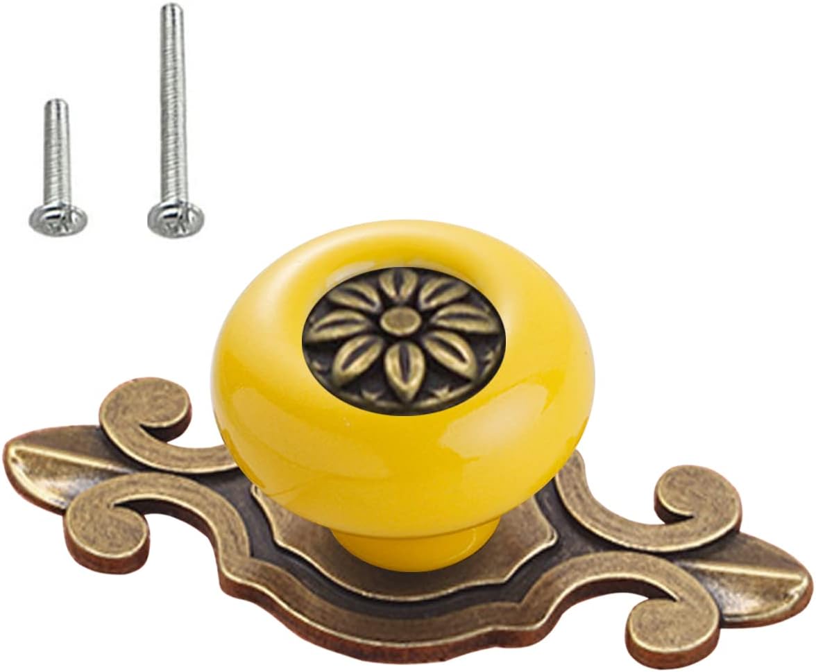 HUAMULAN 10 Pack Retro Ceramic Knobs,Vintage Dresser Kitchen Petal Cabinet Pulls Rustic Zinc Alloy Base Back Plate Kid Cupboard Wardrobe Drawer Door Handles,Yellow