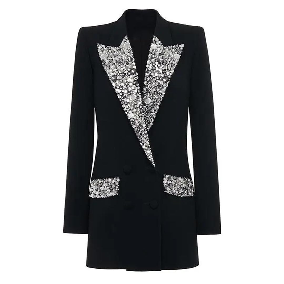 Glänzender Damen-Mantel mit Strasssteinen, gekerbt, zweireihig, langärmelig, einfarbiger Blazer
