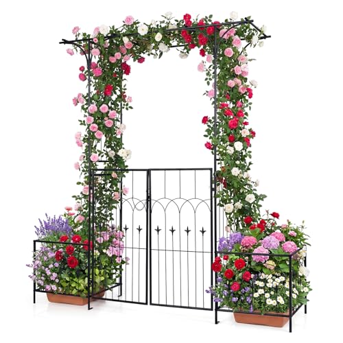 Giantex Garden Arbor with Gate and Planter 79 W x 81 H Metal Arch Trellis with Double Doors Outdoor Archway for Climbing Plants Weddings Backyard Patio Lawn Ceremony Party Decoration