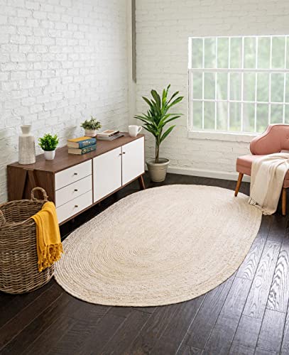 Image of Unique Loom Braided Jute Collection Area Rug - Dhaka (5' 1 inch x 8' Oval, White)
