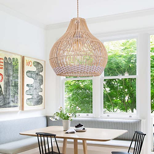 Arturesthome White Rattan Pendant Light for Kitchen Island, Coastal Lamp Round Wicker Chandelier, Handmade Woven Hanging Ceiling Lighting Fixtures Lampshade for Living Room Bedroom - Image 4