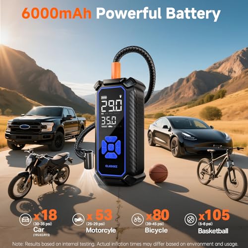 Image of OlarHike Tire Inflator Portable Air Compressor, Dual Power - 6000mAh & 12V DC, Cordless Air Pump for Car Tires, Bikes, Motorcycle, Balls with LED & Digital Pressure Gauge, Auto Shut-off