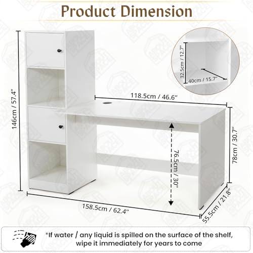 Image of ABOUT SPACE Study Table with Cabinet - Computer Table with 2 Open, 2 Closed Storage Space DIY Engineered Wood Office Desk for PC Laptop Gaming (White - L 158.5 x B 56 x H 146.5cm)