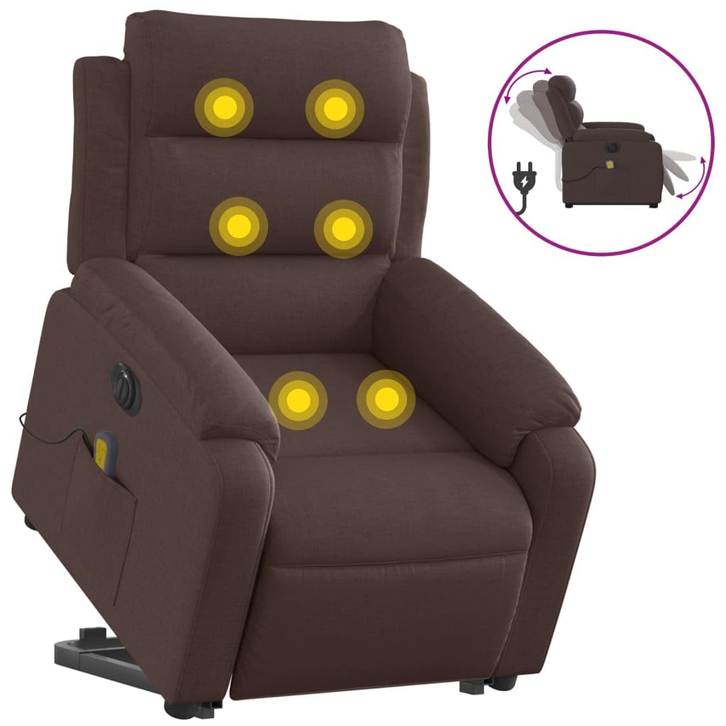 Sillón elevador eléctrico con masaje de 6 puntos y reclinación automática, tejido marrón oscuro, función elevación y vibración, estructura estable de madera