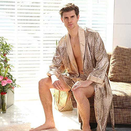 YPDM Bata,Tallas Grandes 5XL Traje de Dos Piezas para    Hombres Batas de Seda Pantalones Cortos Hombres Kimono Robe Conjuntos Pijamas de satén de Verano Albornoz Largo Ropa de Dormir, Dorado, 5XL