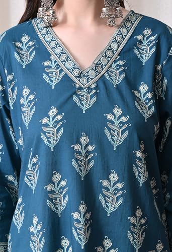 Image of MEERA FAB Women Floral Printed Sequined Cotton Straight Kurta with Palazzos & Dupatta | Sanganeri Print