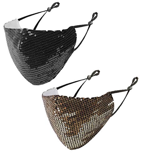 GYCD Festival Prom Party Dress up Sequins Reusable Tendy Adjustable Face Mask Cloth Washable Anti-Dust Facial Scarf Buling Face Mask Protection Dust Pollen Outdoor for Women Girls (Black & Gold, 2PCS)
