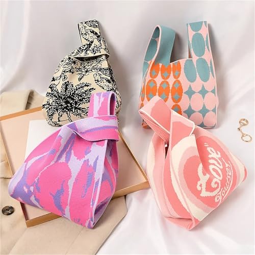 Handmade Knit Handbag Women Mini Knot Wrist-Bag Female Casual Color Wide Stripe Plaid Tote Bag Reusable Shopping Bag(Color-37)2