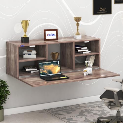 Image of Anikaa EduDesk Wall Mounted Foldable Study Table with Storage Shelves, Floating Wall Desk for Home Office, Laptop & Computer Desk, Engineered Wood, Space-Saving Fold-Down Workstation (DIY Assemble).