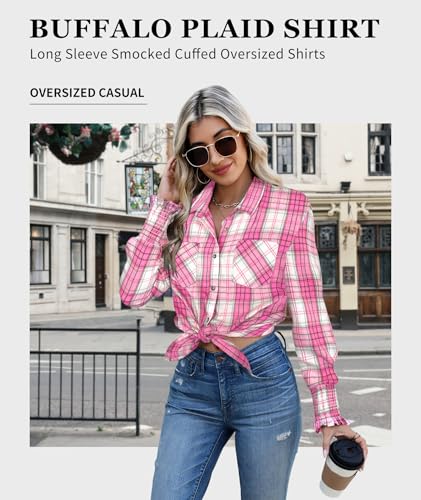 Deer Lady Womens Smocked Cuffed Long Sleeve Plaid Flannel Shirts Casual Button Down Shirt Buffalo Boyfriend Blouse Top2