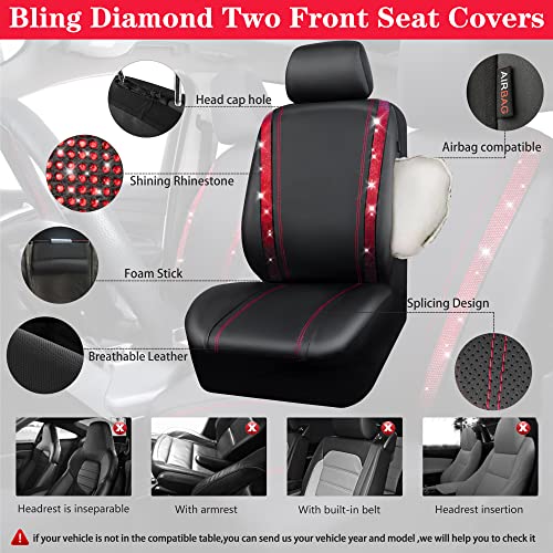 Image of CAR PASS Leather Bling Diamond Car Seat Covers 2 Front Interior Sets, Waterproof Universal Shining Glitter Crystal Sparkle Fit for 95% Automotive Truck SUV Cute Women Girl, Black Red Rhinestone
