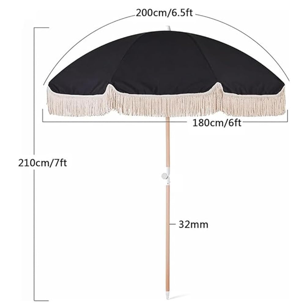 200 cm Czarny Parasol Plażowy Boho z Frędzlami, Składany Parasol Ogrodowy Ochrona UV z Drewnianym Drążkiem do Stołu, Basenu, Tarasowy