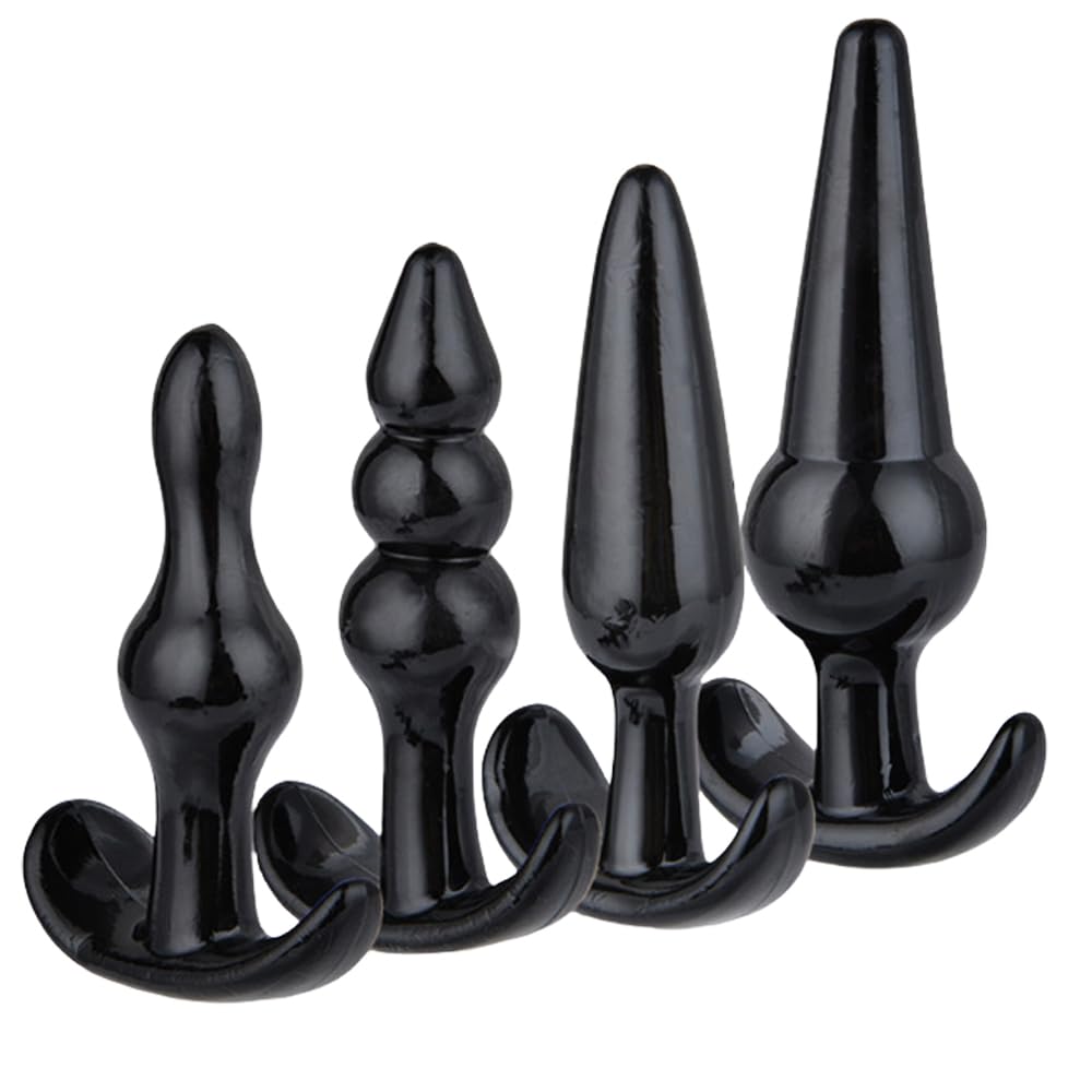 BeHorny Butt Plug Set, 4 Piece Black TPE Anal Plug Set with Gift Box
