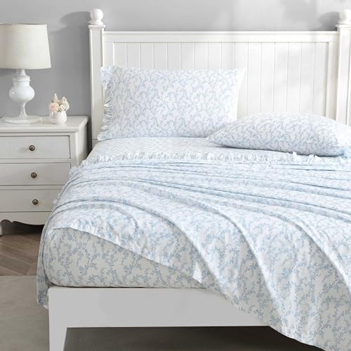 Image of Laura Ashley - Queen Size Sheet Set, Crisp Cotton Percale Bedding with Ruffle Pillowcases, Fully Elastic Deep Pocket Fitted Sheet, Floral Room Decor, Breathable All-Season Comfort (Victoria Blue)